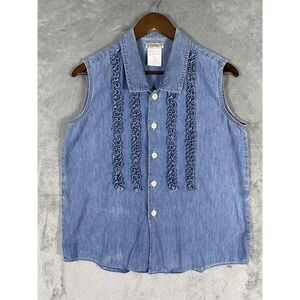 Vintage Esprit Denim Shirt Womens Medium Sleeveless Button Up Ruffle 90s Retro
